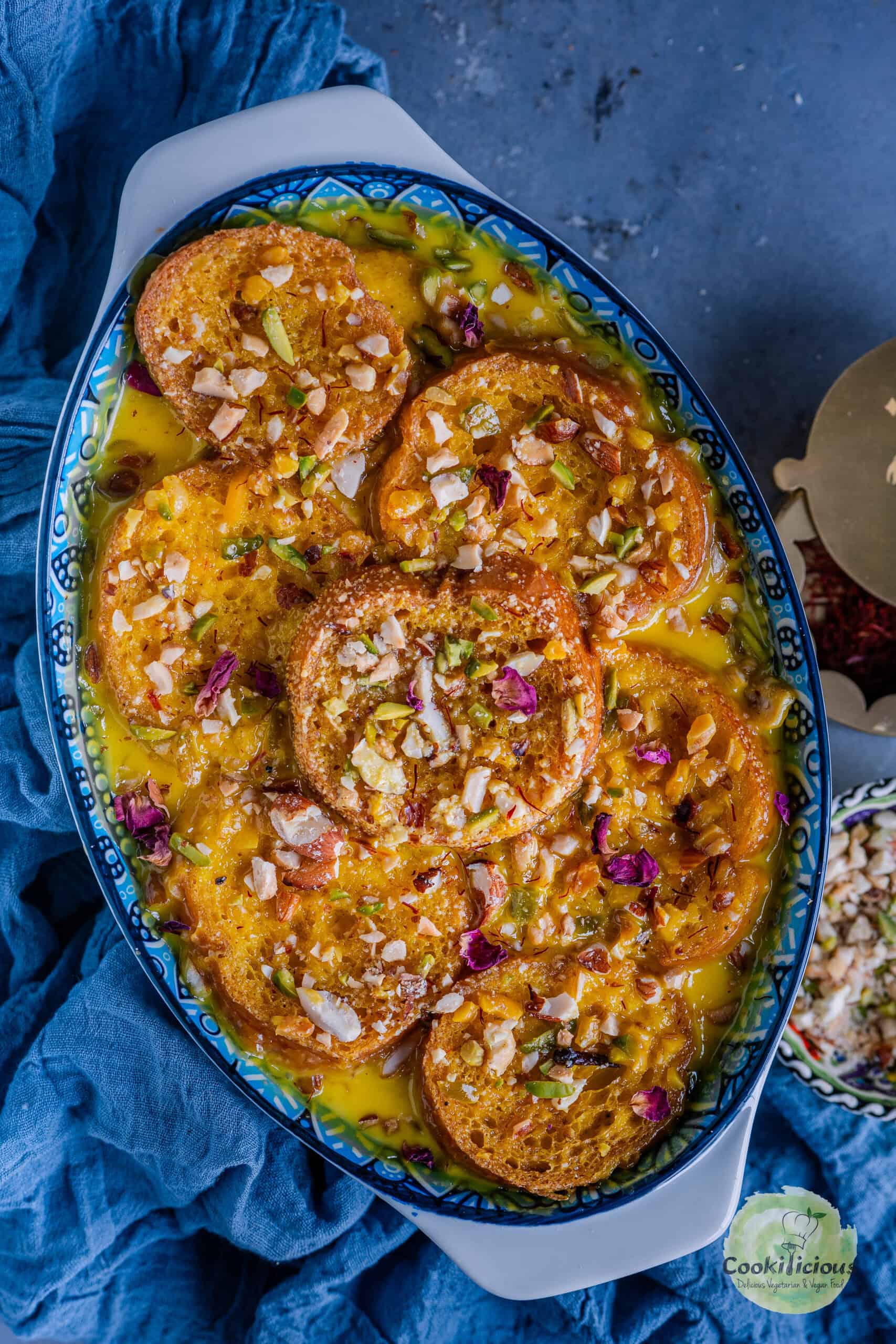 An oval platter with Shahi Tukday in it.