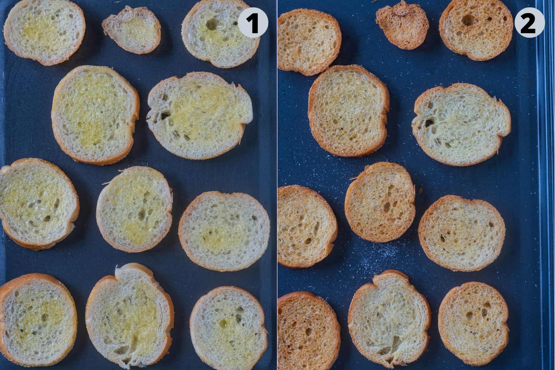 2 image collage showing how to toast the bread when making Shahi Tukra.