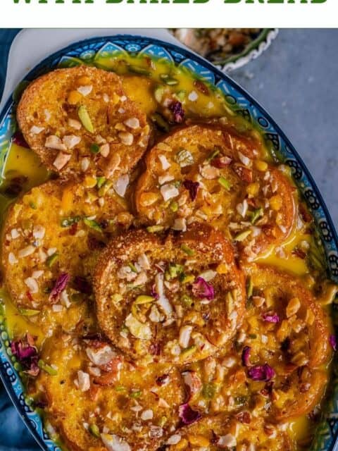 An oval platter with Shahi Tukday in it and text at the top.