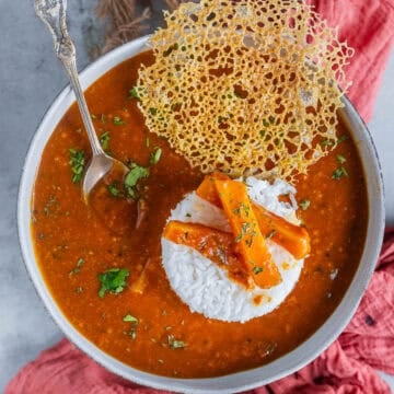 Authentic Sindhi Kadhi served with rice and papad.