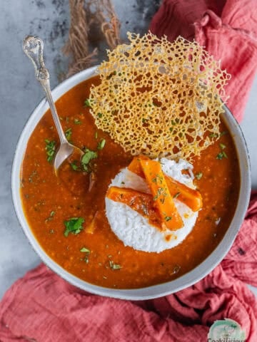 Authentic Sindhi Kadhi served with rice and papad.