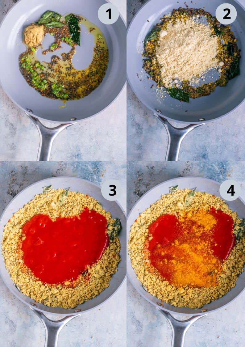 4 image collage showing the process of making vegan Sindhi curry.