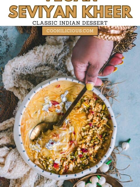 A hand digging into a bowl of Seviyan Kheer with a spoon and text at the top.