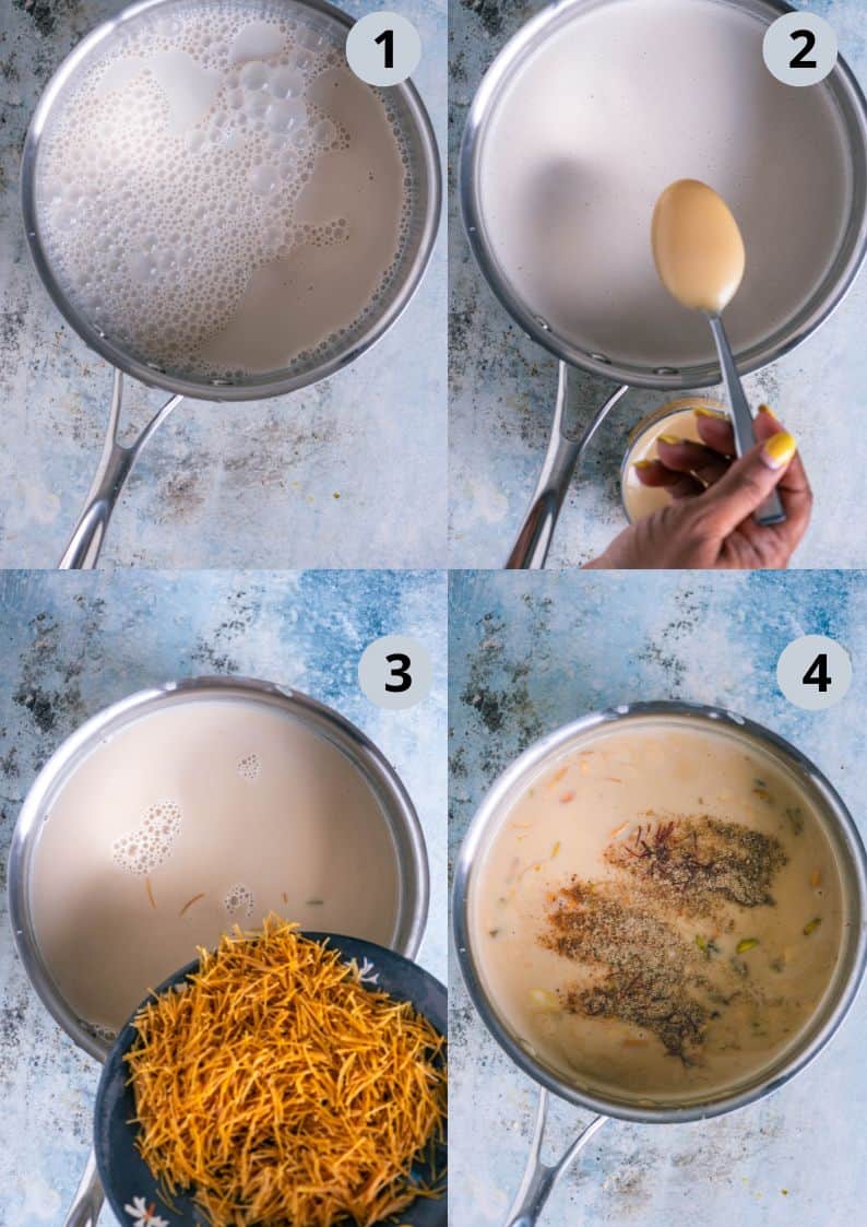 4 image collage showing how to make Semiyan Payasam.