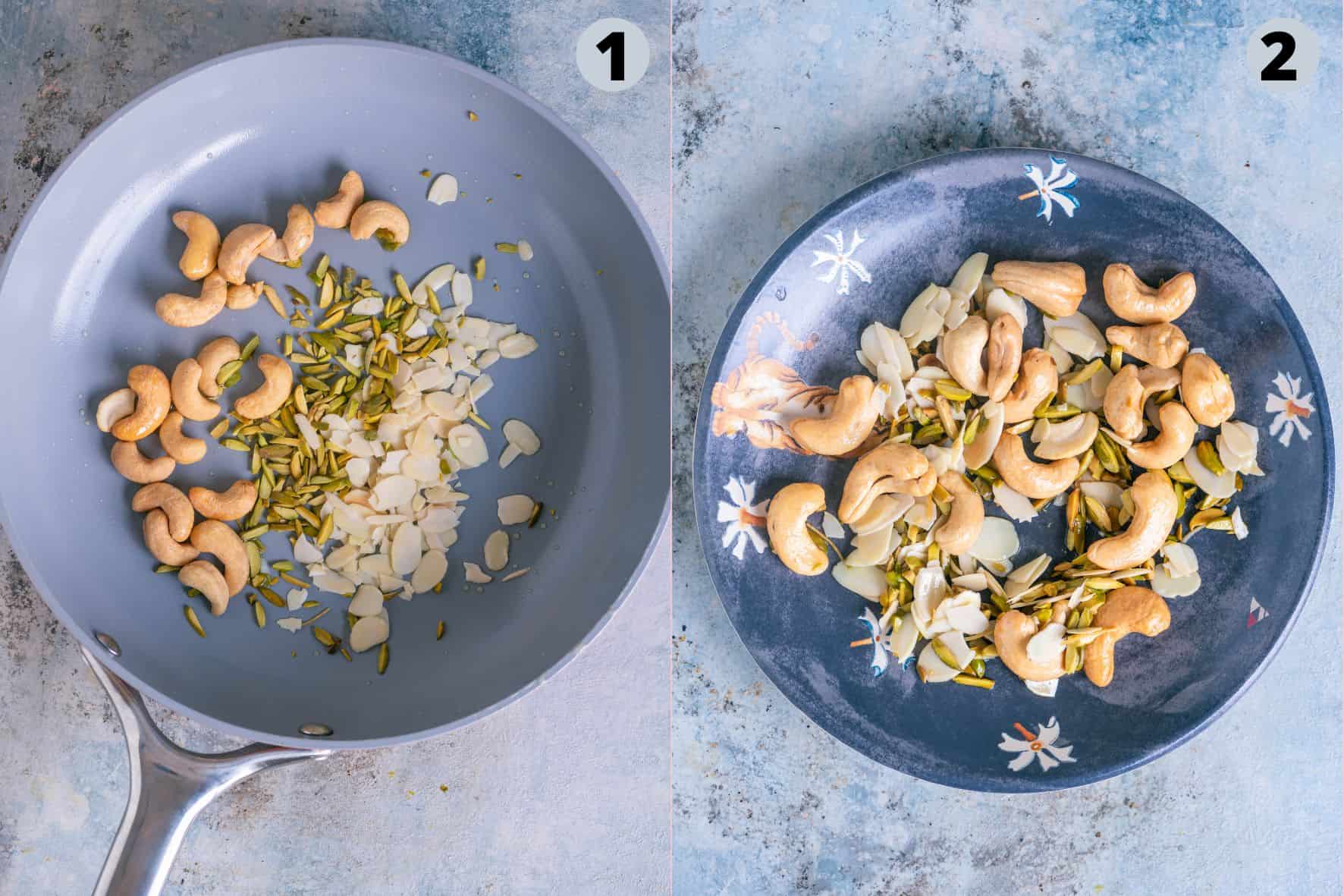 2 image collage showing how to roast the nuts when making Seviyan Kheer.