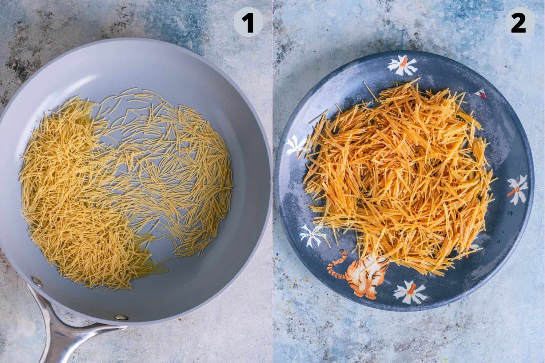 2 image collage showing the steps to roast vermicelli to make Kheer.