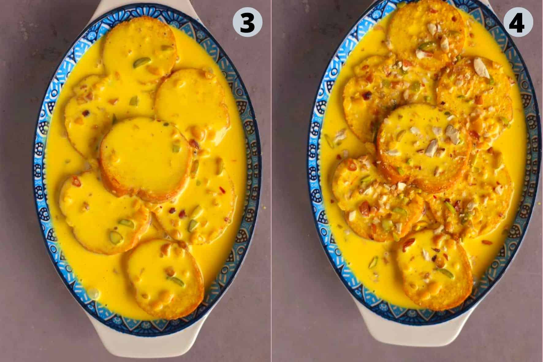 2 image collage showing how to assemble Shahi Tukra.