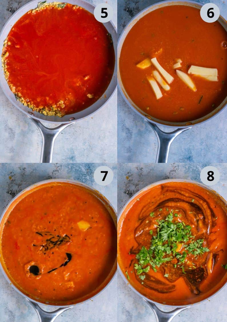 4 image collage showing how to make Sindhi Tomato Kadhi.