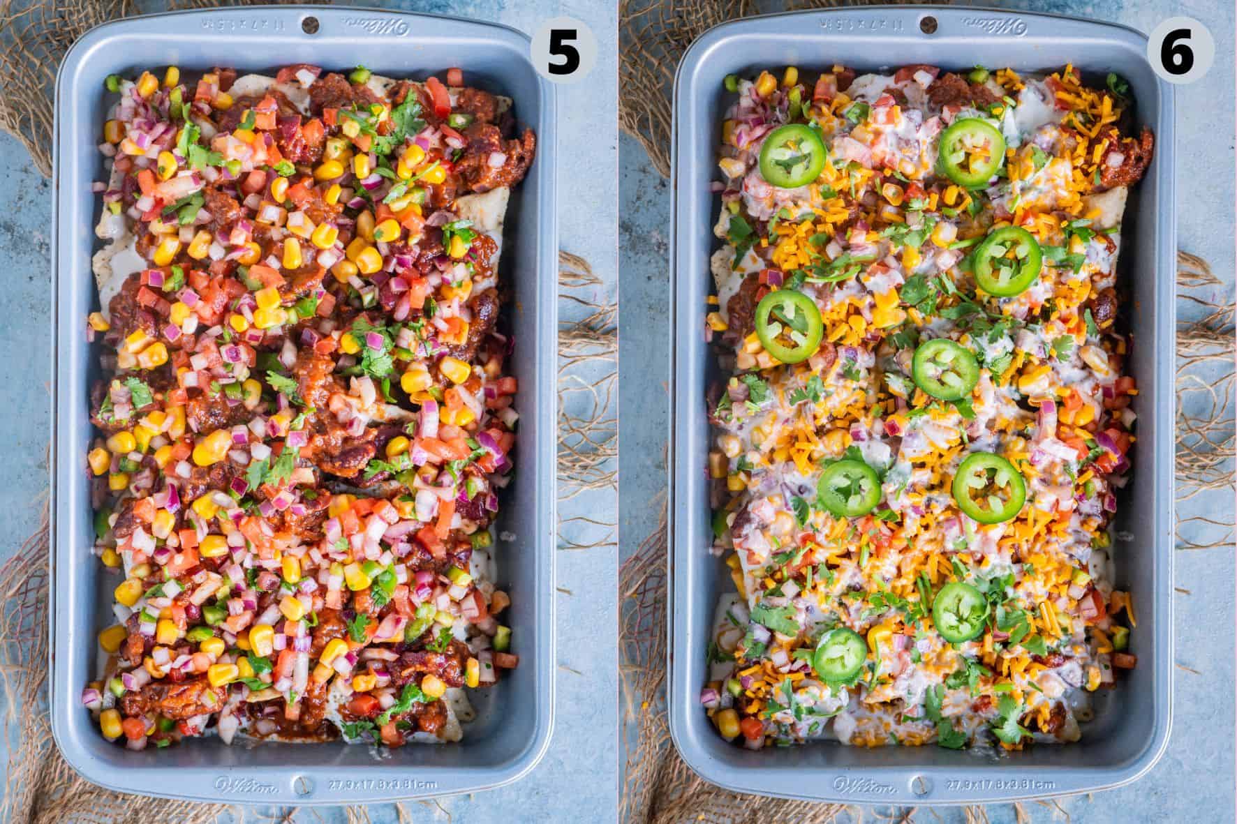 2 image collage showing how to layer meatless Nachos.