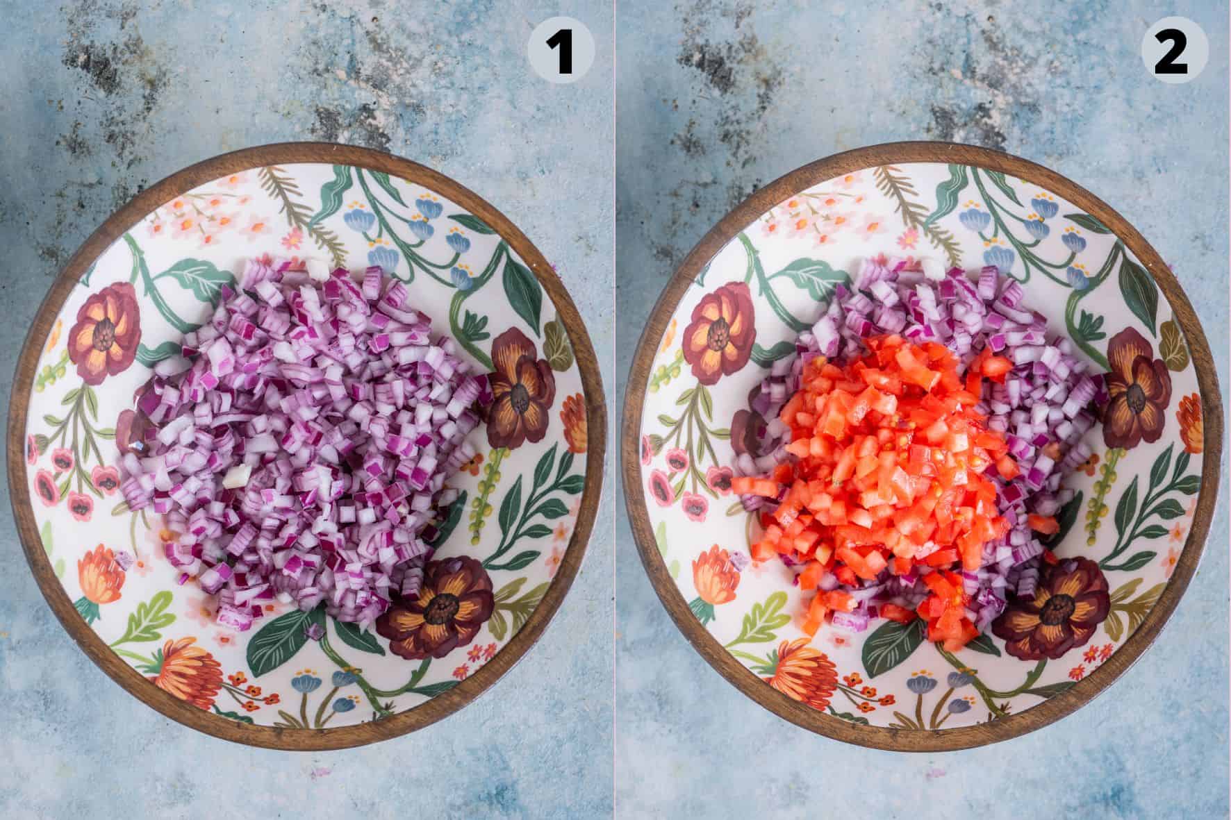 2 image collage showing how to make Pico de Gallo for vegan Nachos.