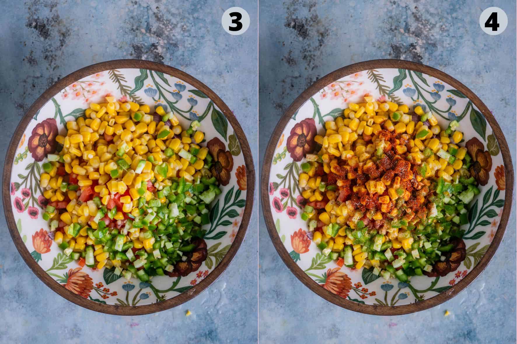 2 image collage showing the steps to make Pico de Gallo for Loaded Nachos.