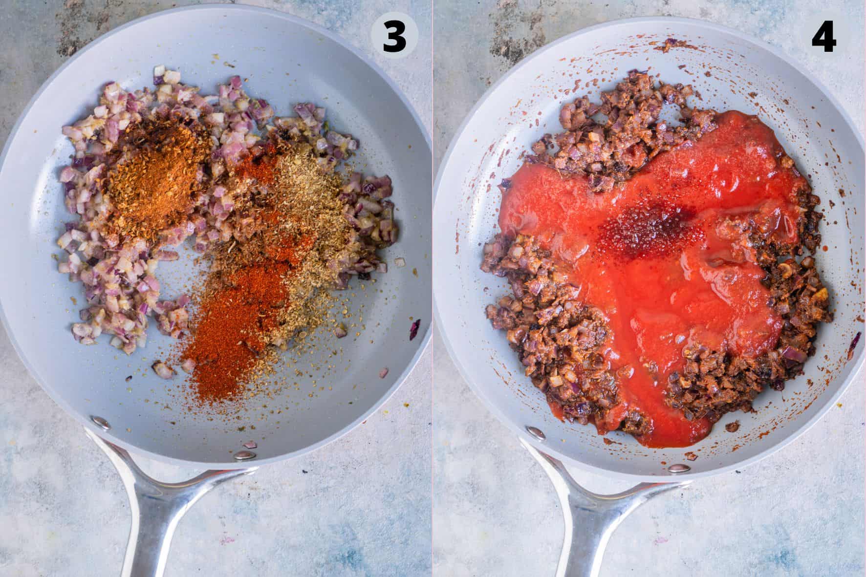 2 image collage showing how to make refried bean sauce for Mexican Nachos.