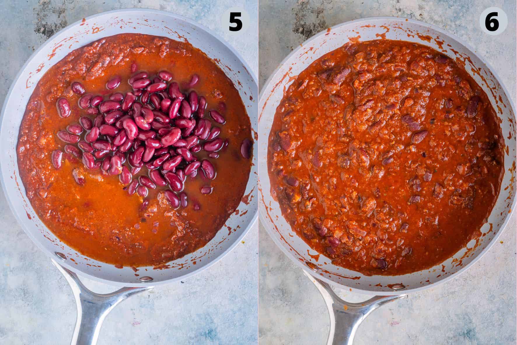 2 image collage showing the steps to make refried beans for vegan Loaded Nachos.