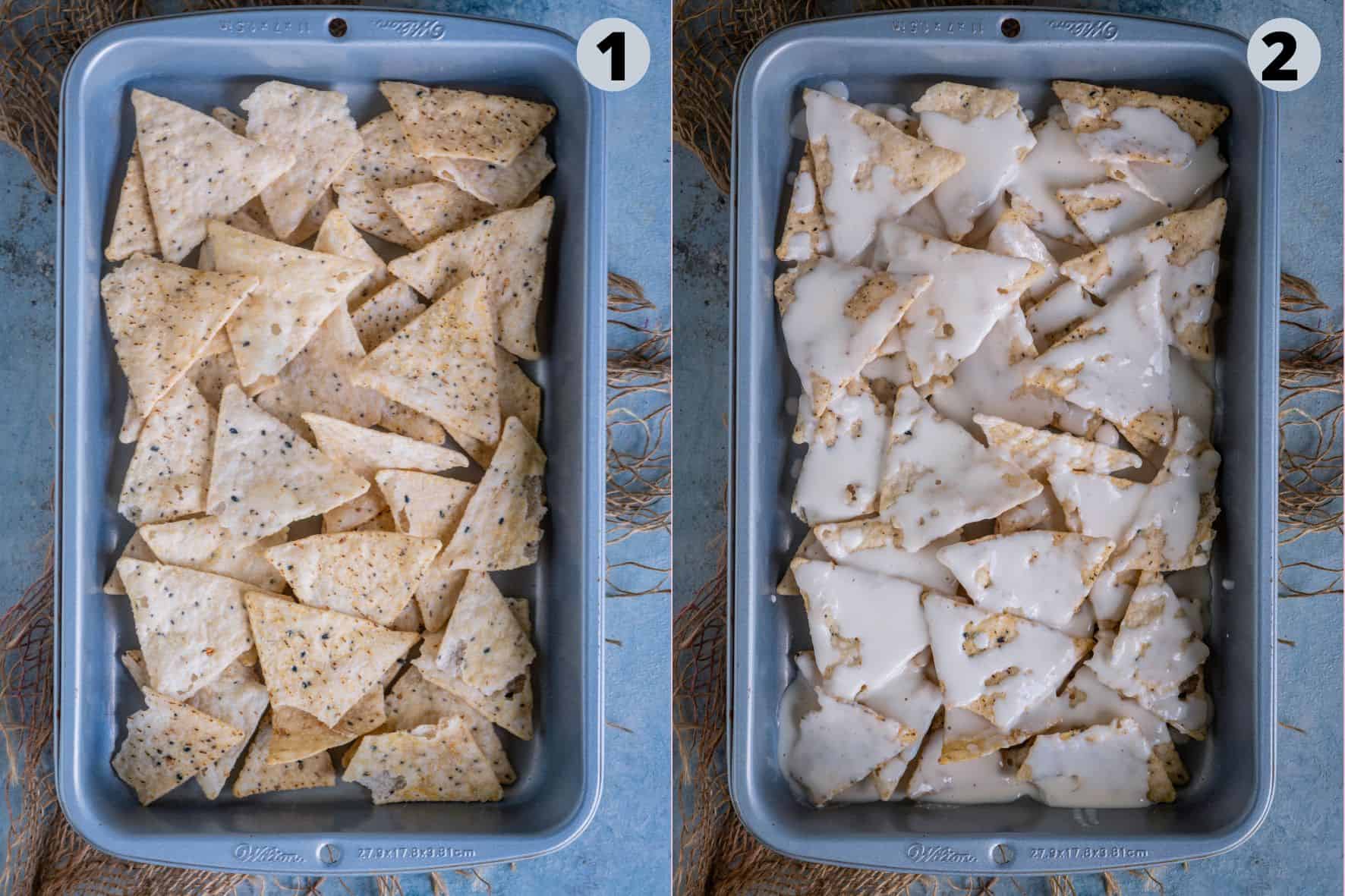 2 image collage showing the process of assembling homemade nachos for baking.