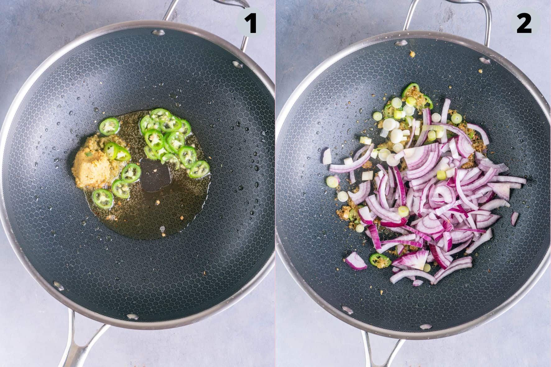 2 image collage showing the steps to make Veg Hakka Noodles.