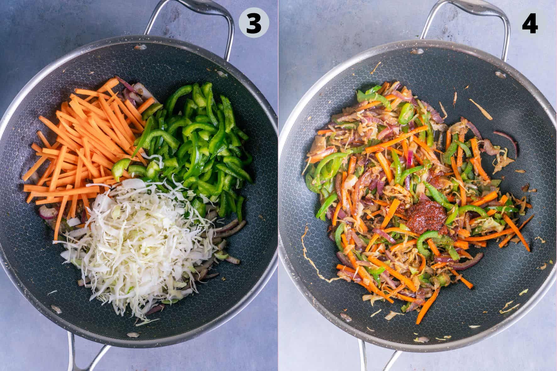 2 image collage showing the steps of making vegan Hakka Noodles.