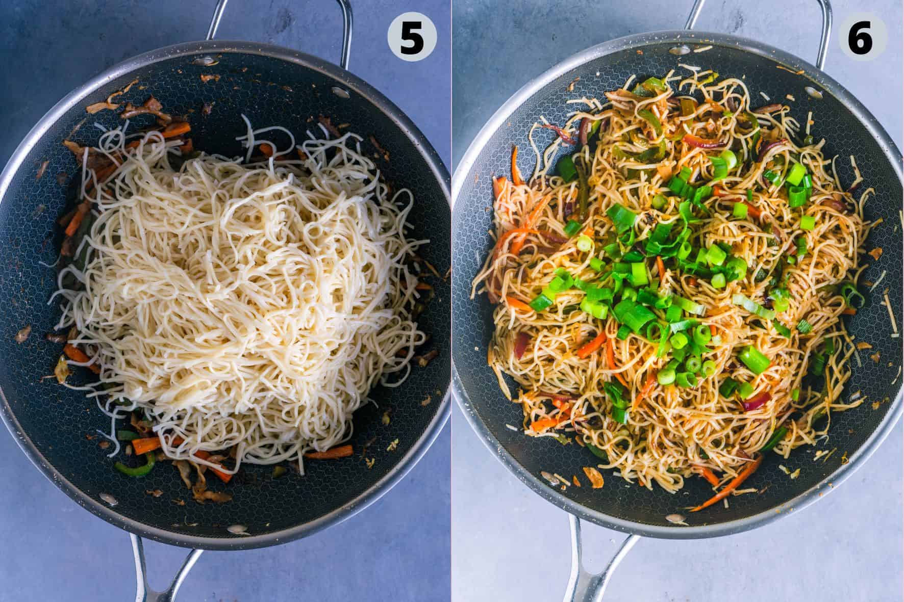 2 image collage showing how to make Hakka Noodles at home.