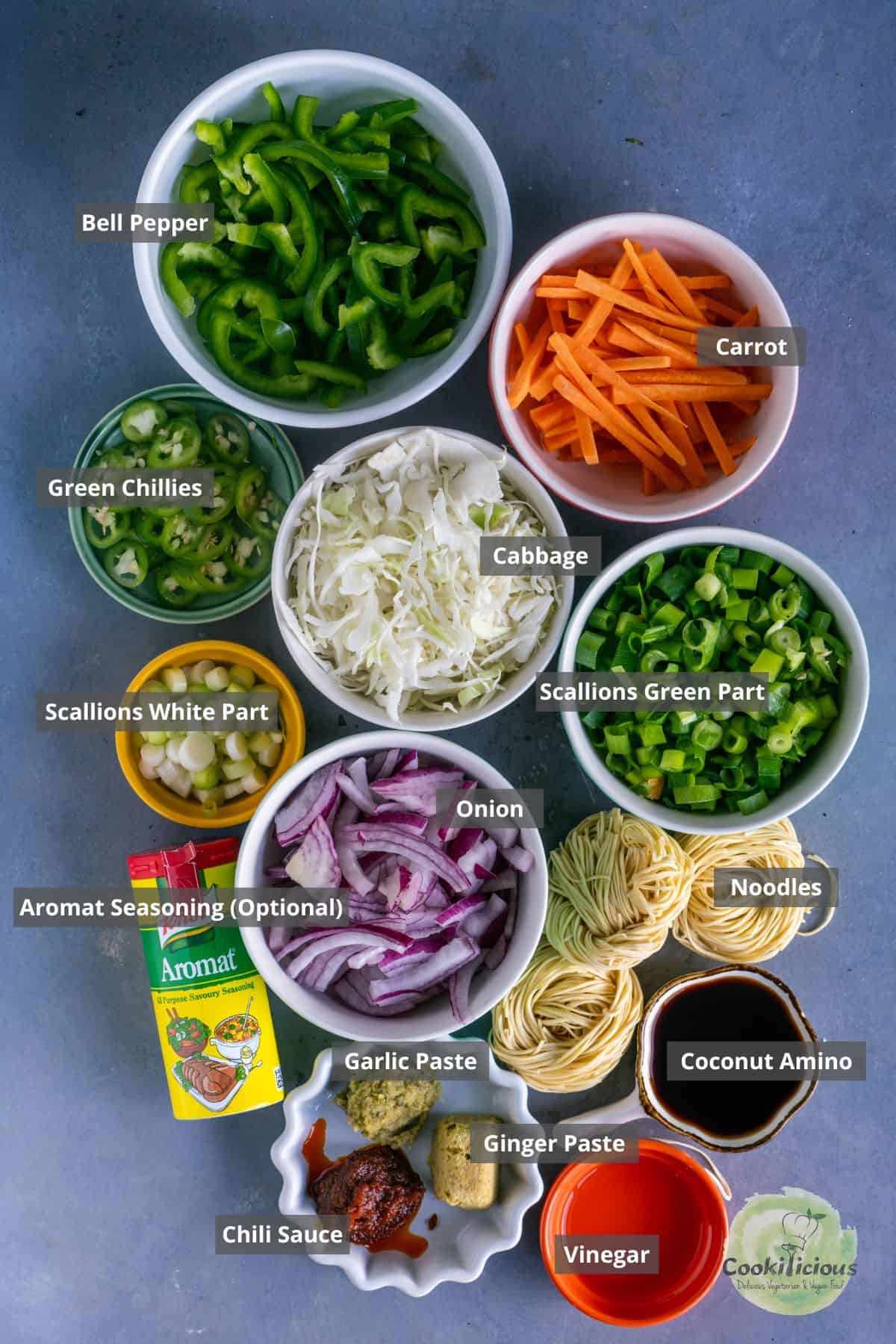 all the ingredients needed in the Veg Hakka Noodles Recipe placed on a table with labels on them.