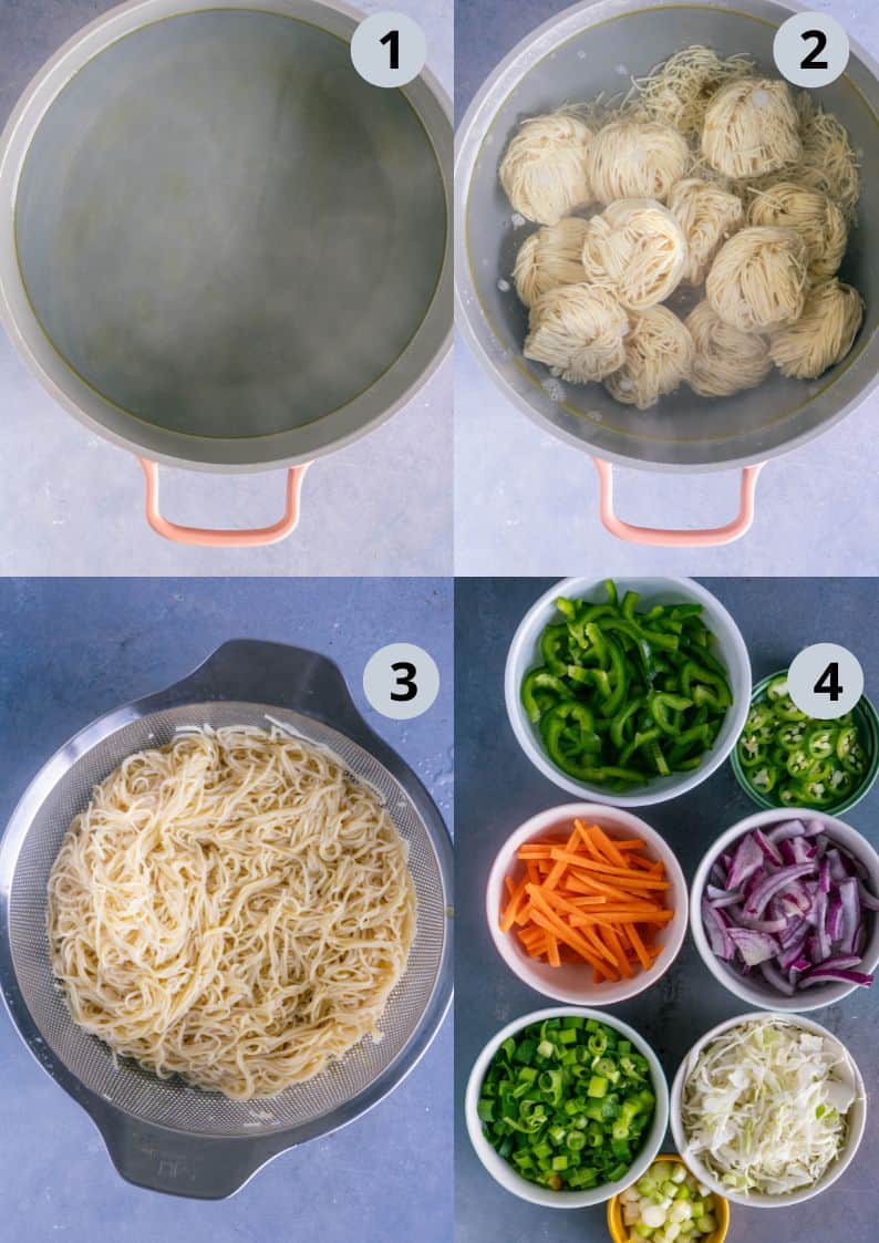 4 image collage showing the prep steps when making vegan Hakka Noodles.