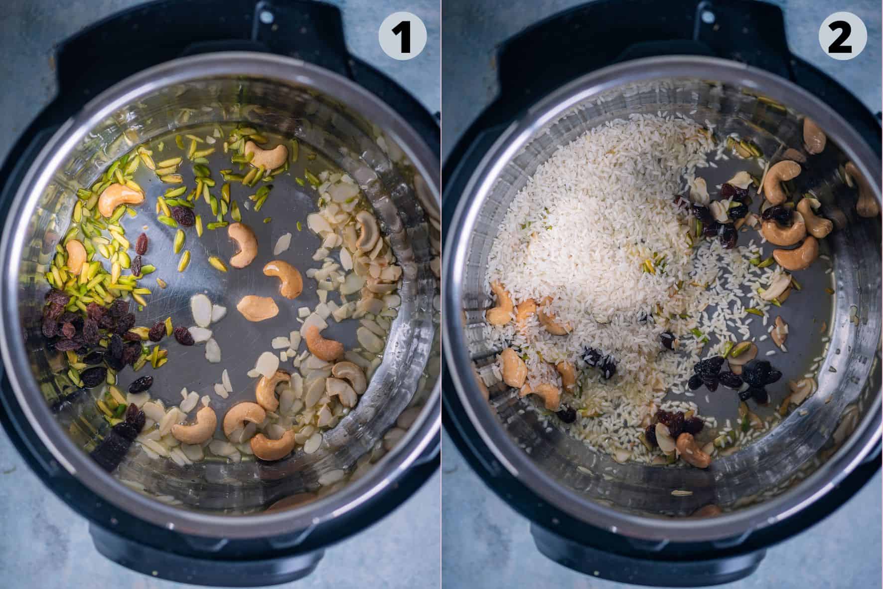 2 image collage showing how to make Rice Kheer in the Instant Pot.