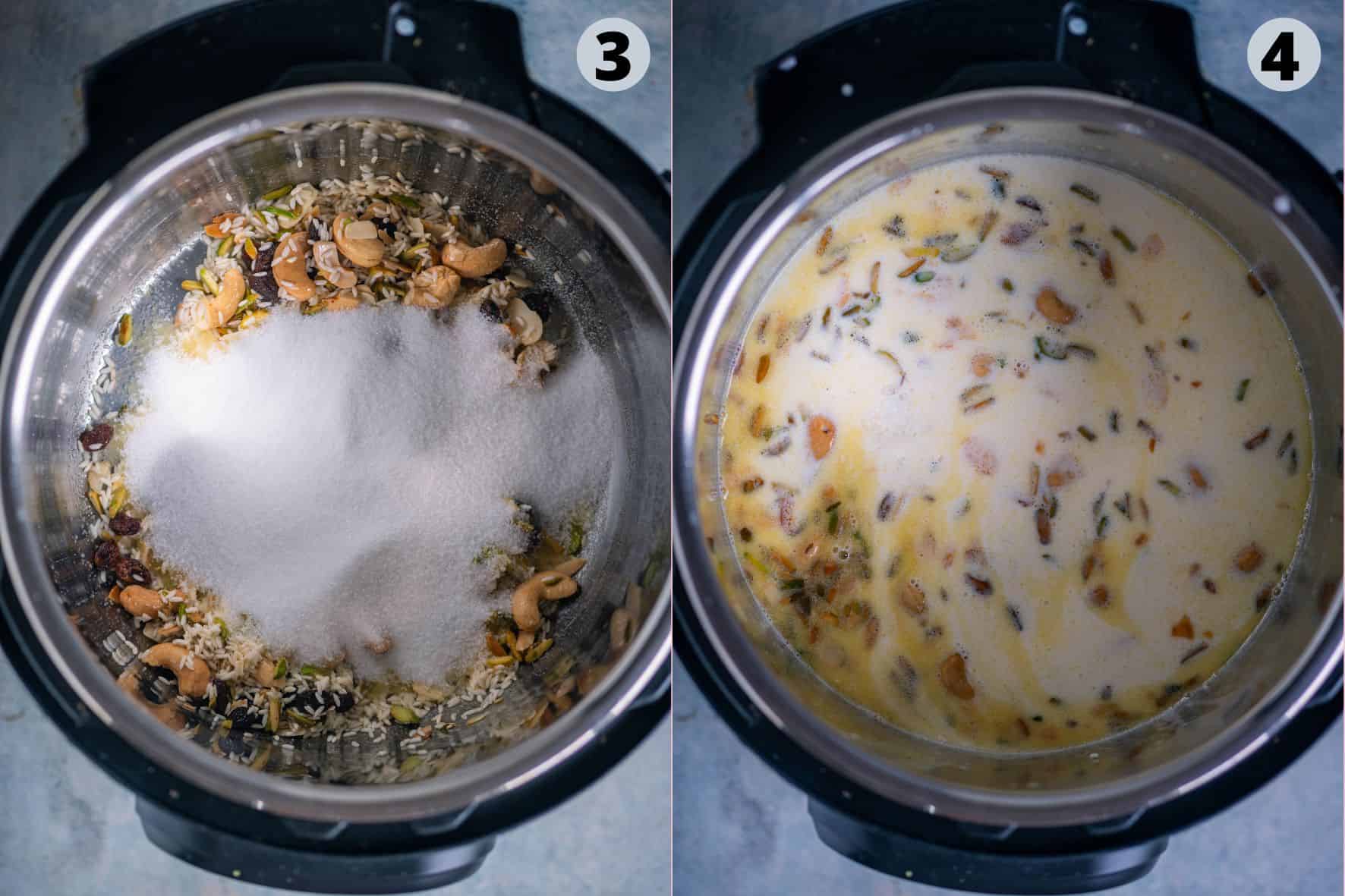 2 image collage showing the steps to make Paal Payasam in the Instant Pot.