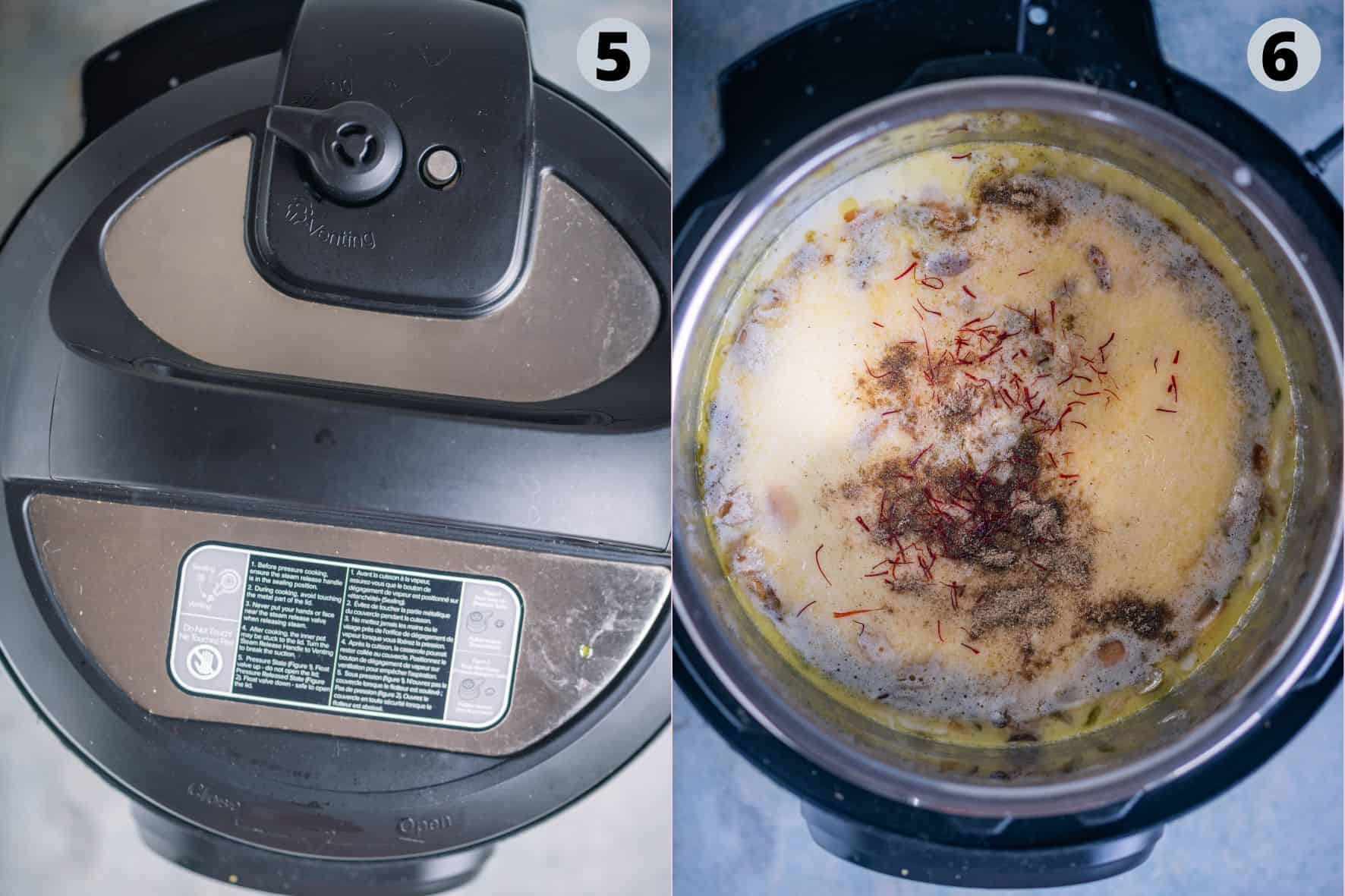 2 image collage showing the process of making Indian Rice Kheer in the Instant Pot.