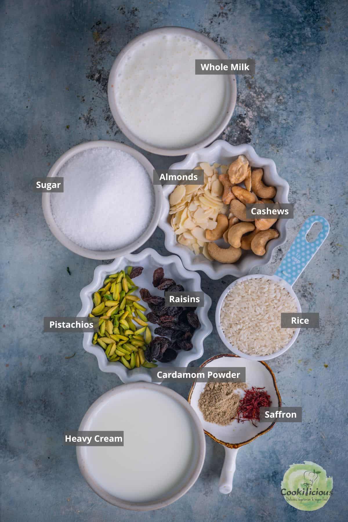 All the ingredients needed to make Rice Kheer in the Instant pot placed on a table with labels on them.