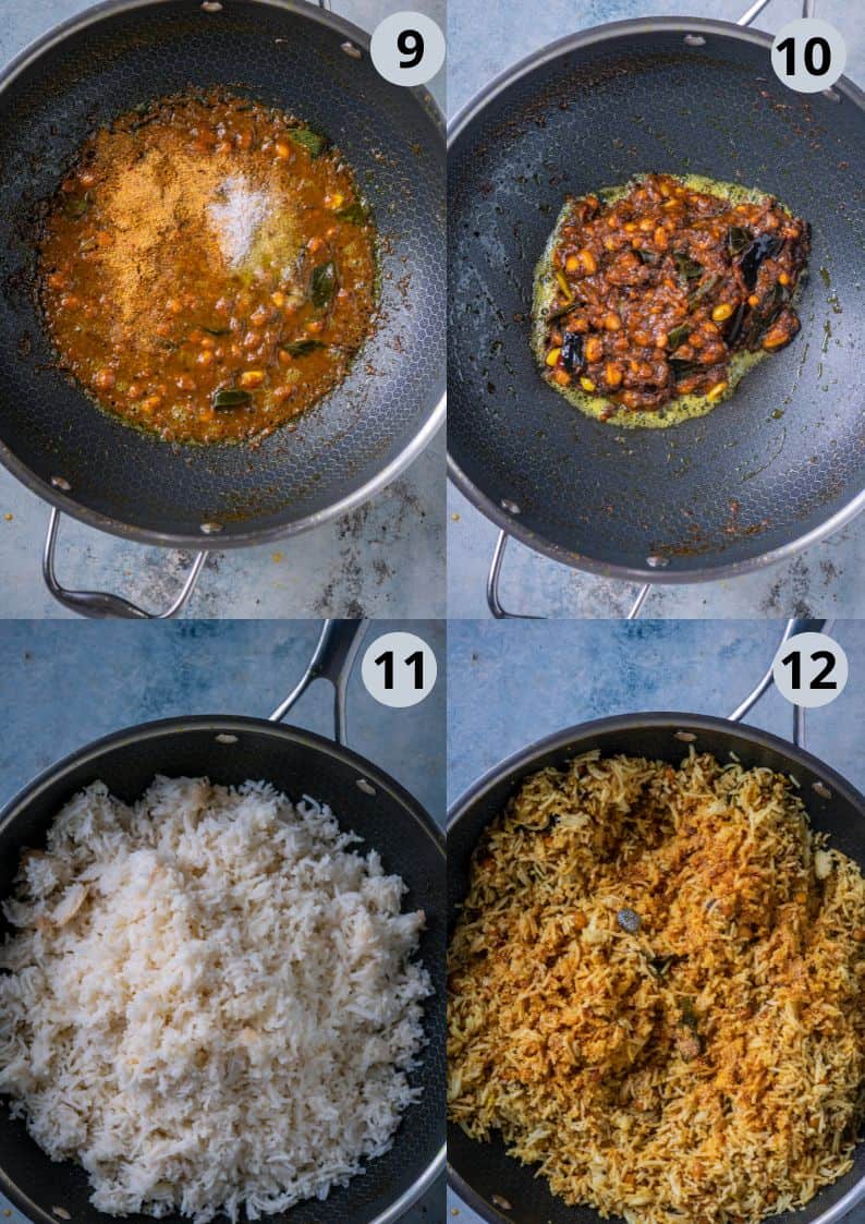 4 image collage showing how to make Puliogare.