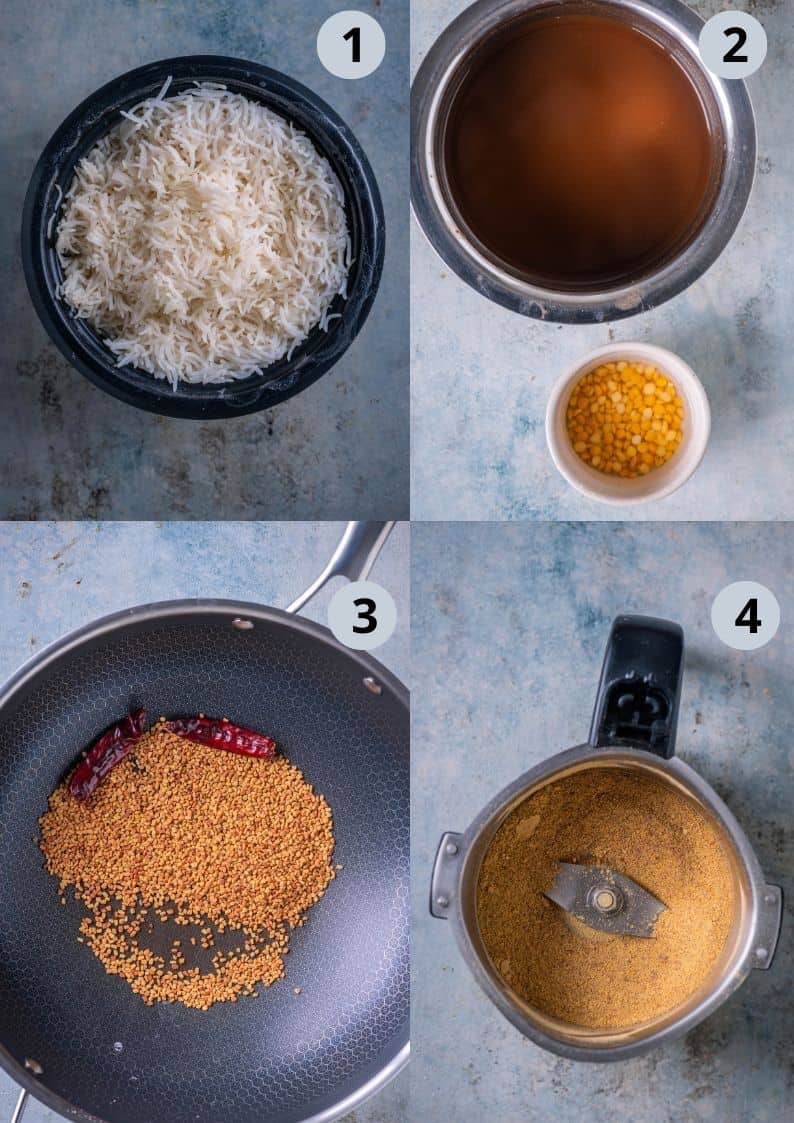 4 image collage showing the process of making Puliodarai recipe.