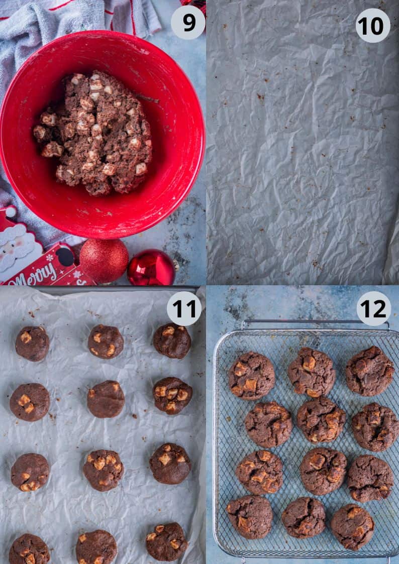 4 image collage showing how to make vegan chocolate chip marshmallow cookies.