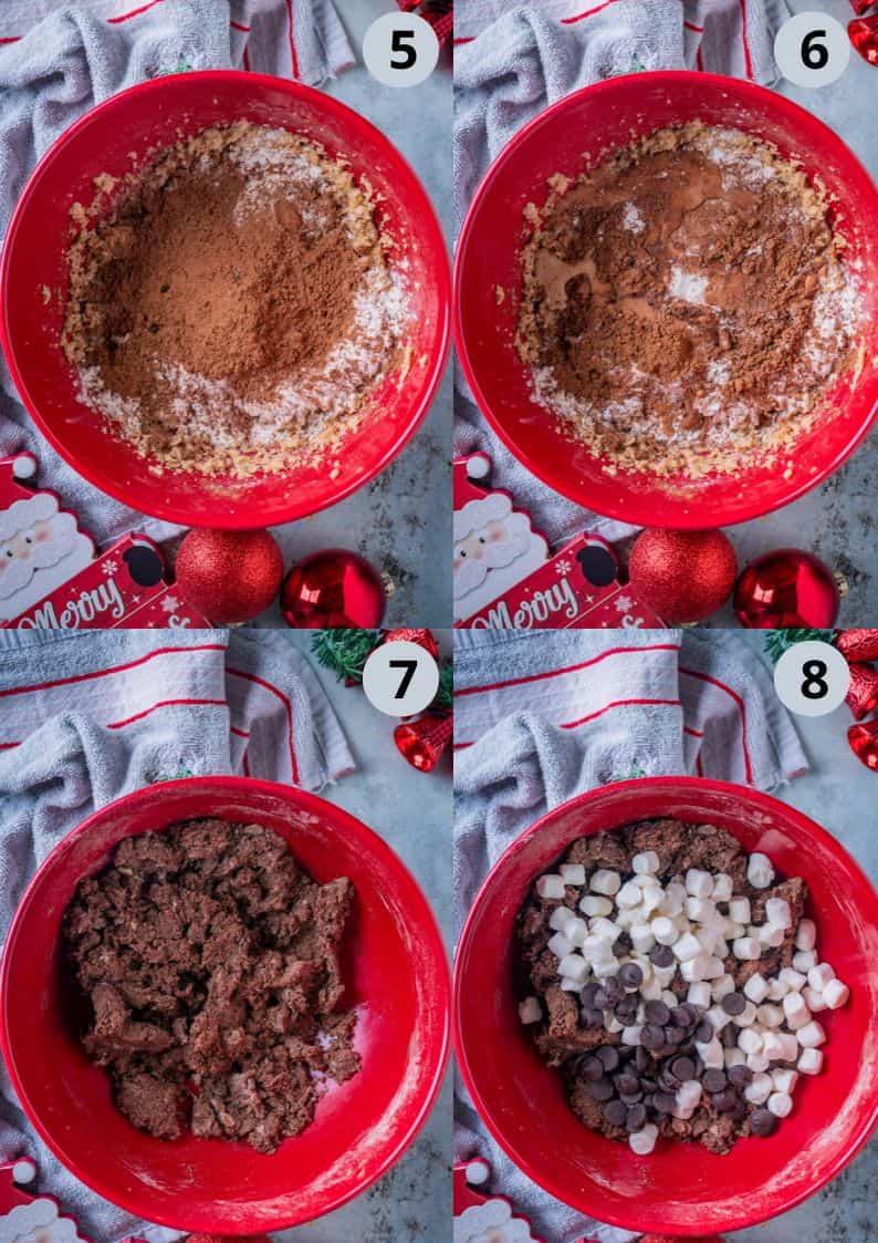 4 image collage showing how to make hot chocolate marshmallow cookies.