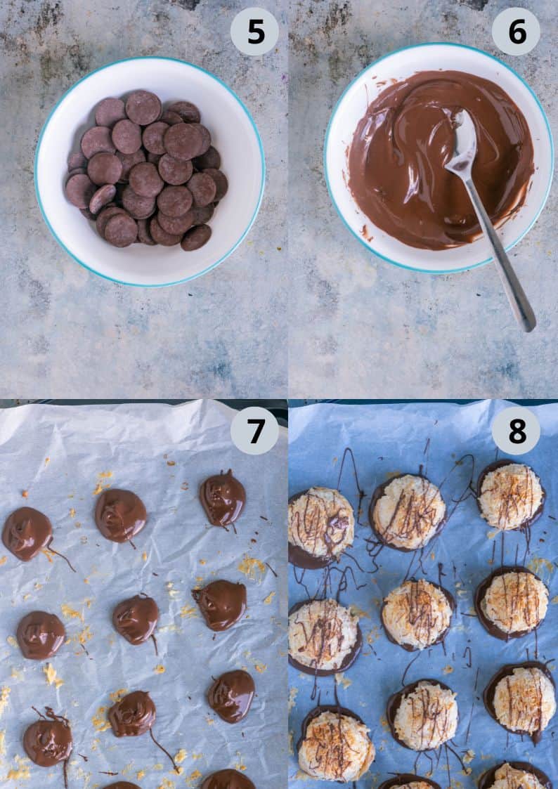 4 image collage showing how to make Chocolate Coconut Macaroons.