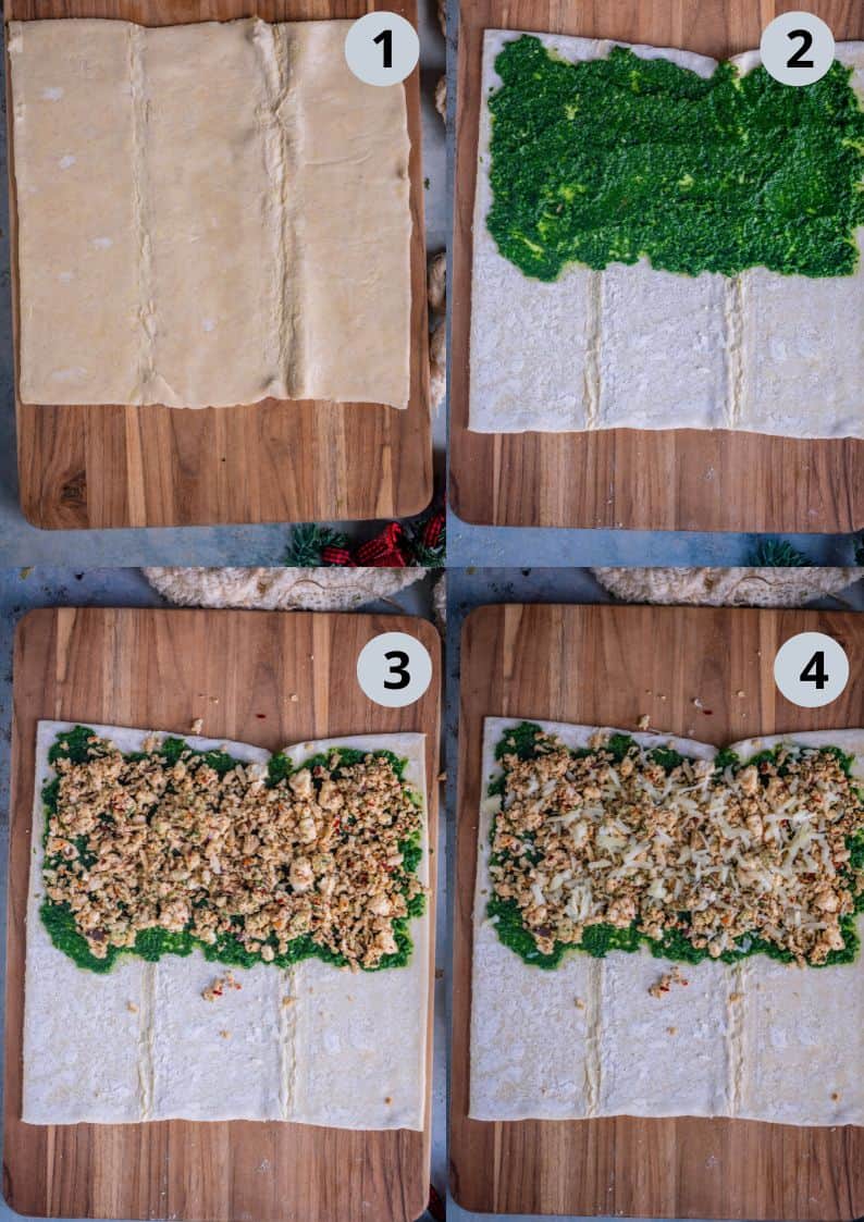 4 image collage showing the steps to make Paneer Spinach Puffs.