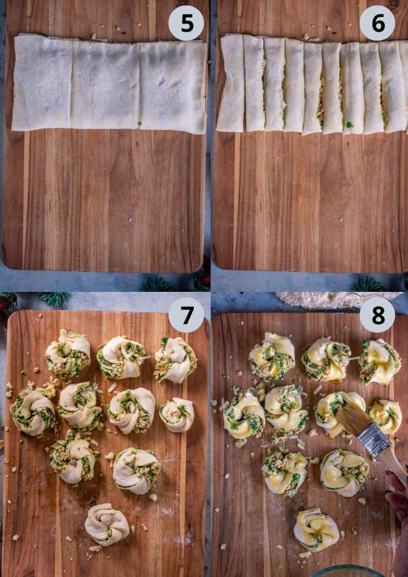 4 image collage showing how to shape the Spinach Puffs before baking.