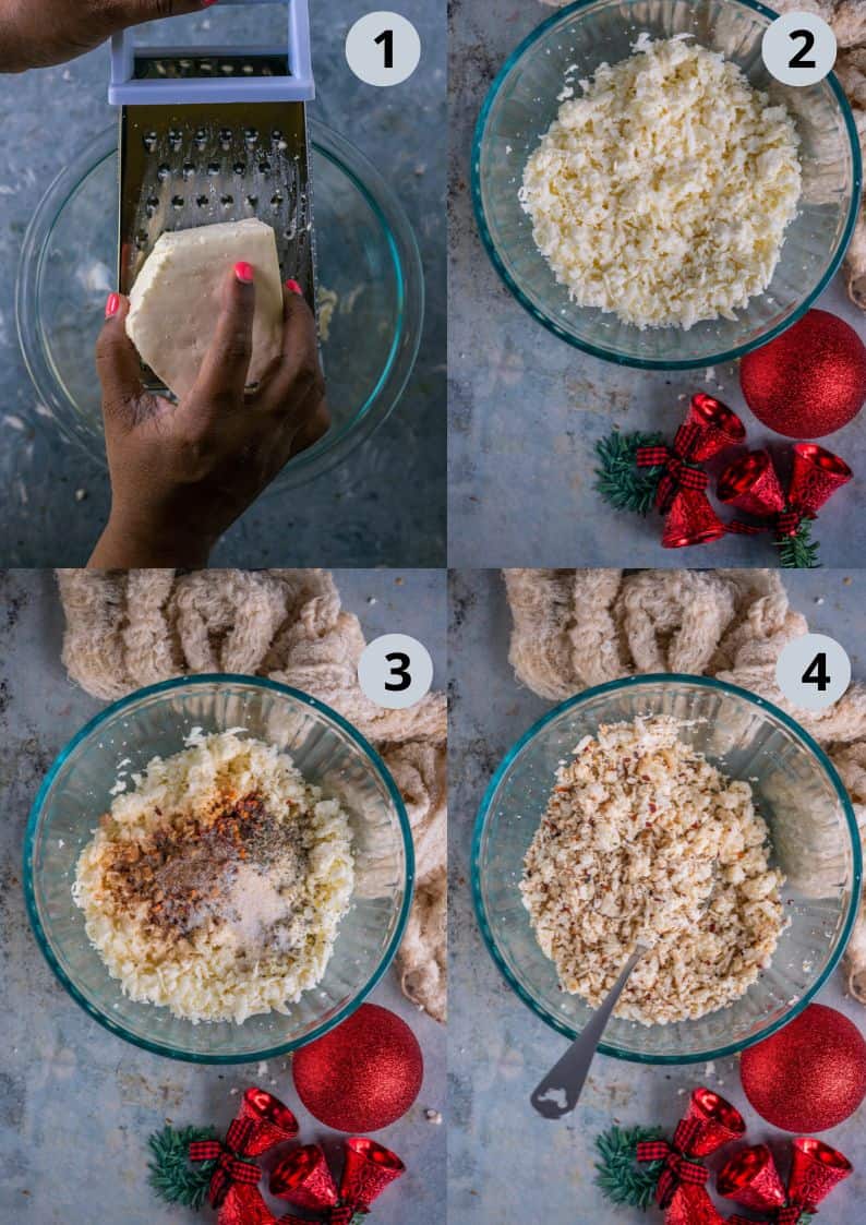 4 image collage showing how to make paneer masala to stuff in Spinach Puffs.