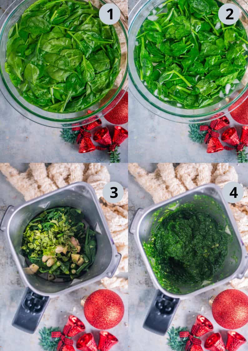 4 image collage showing how to make the spinach spread to make Palak Paneer Puffs.