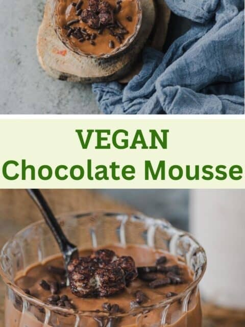 2 image collage of vegan chocolate mousse with text in the middle.