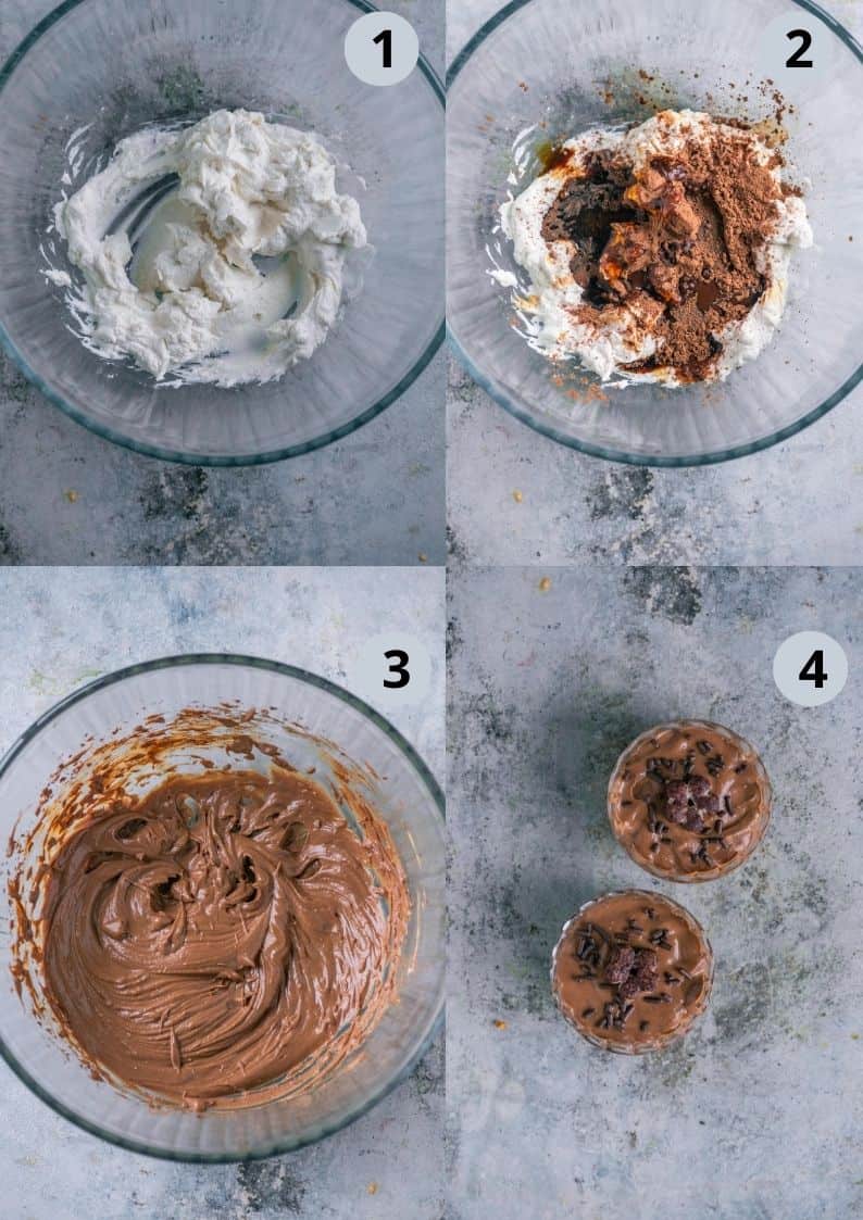 4 image collage showing how to make vegan chocolate mousse using 4 ingredients.