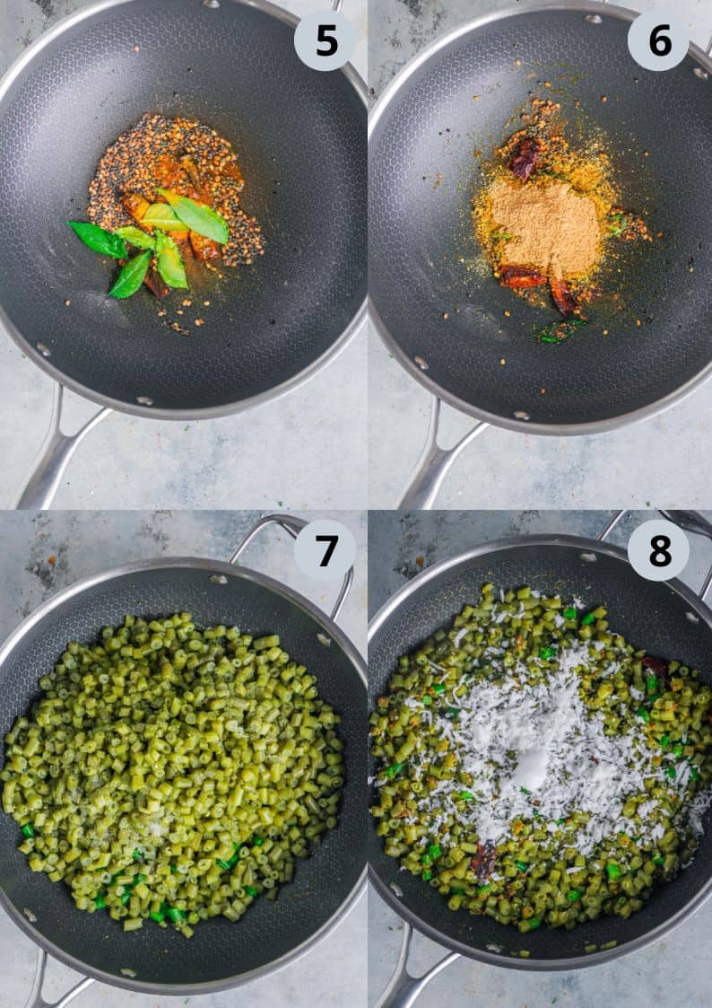 4 image collage showing how to make Beans Poriyal with coconut.