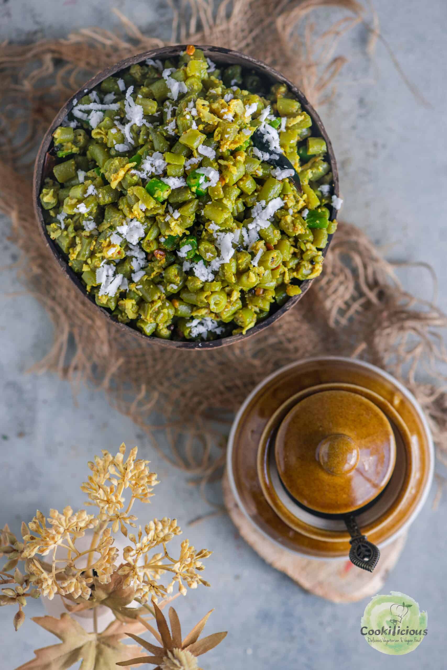 South Indian-style green beans curry served in a bowl.