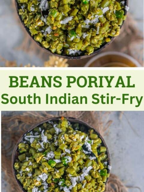 2 image collage of French Beans Poriyal with text in the middle.