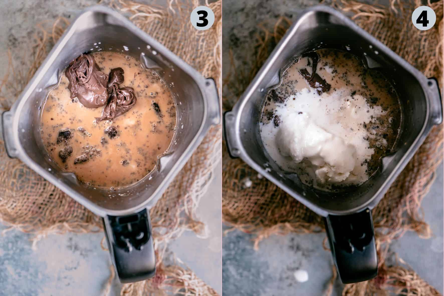 2 image collage showing the steps involved in making brownie milkshake using homemade eggless chocolate brownies.