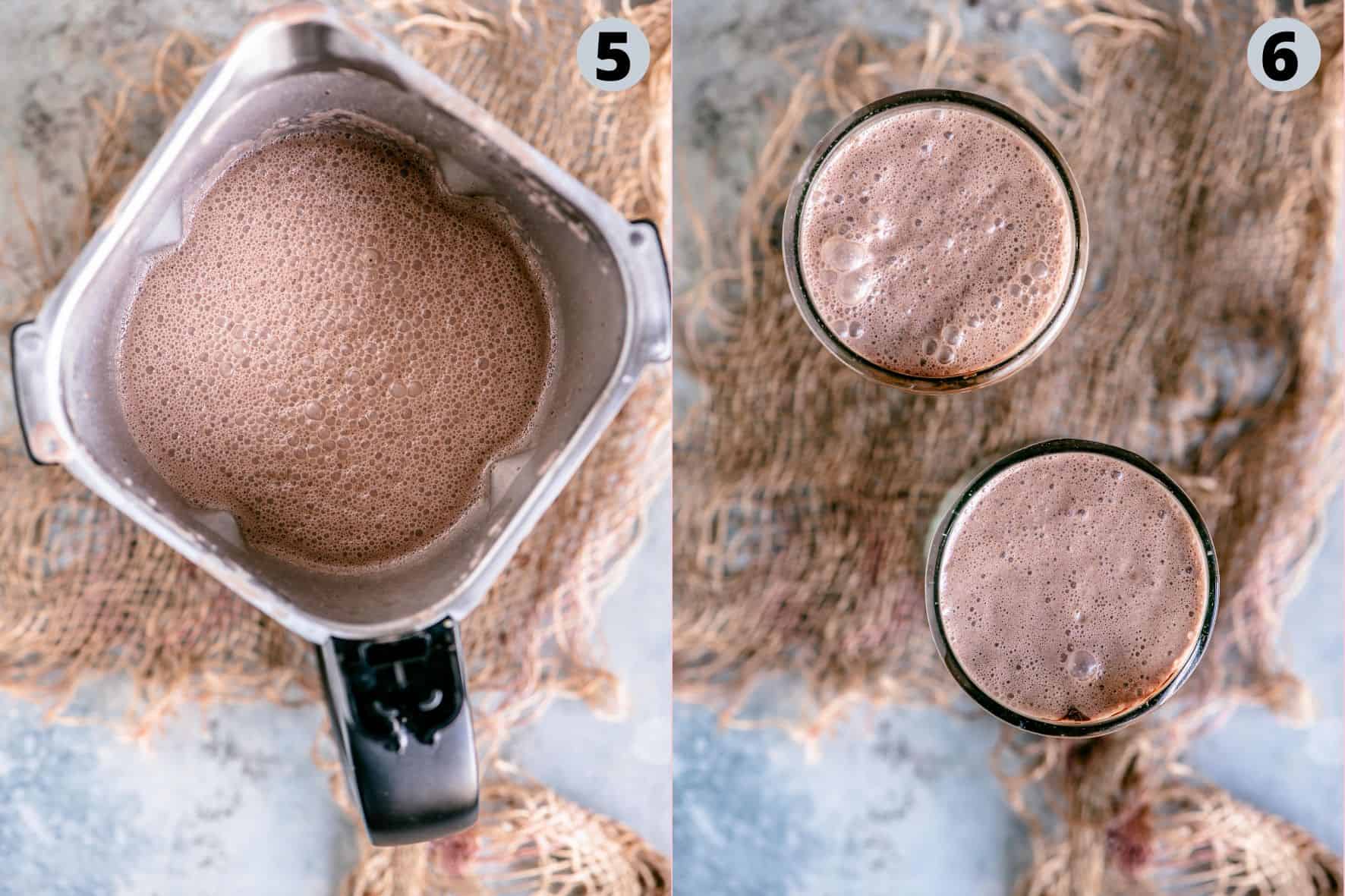 2 image collage showing how to make brownie milkshake at home using a blender.