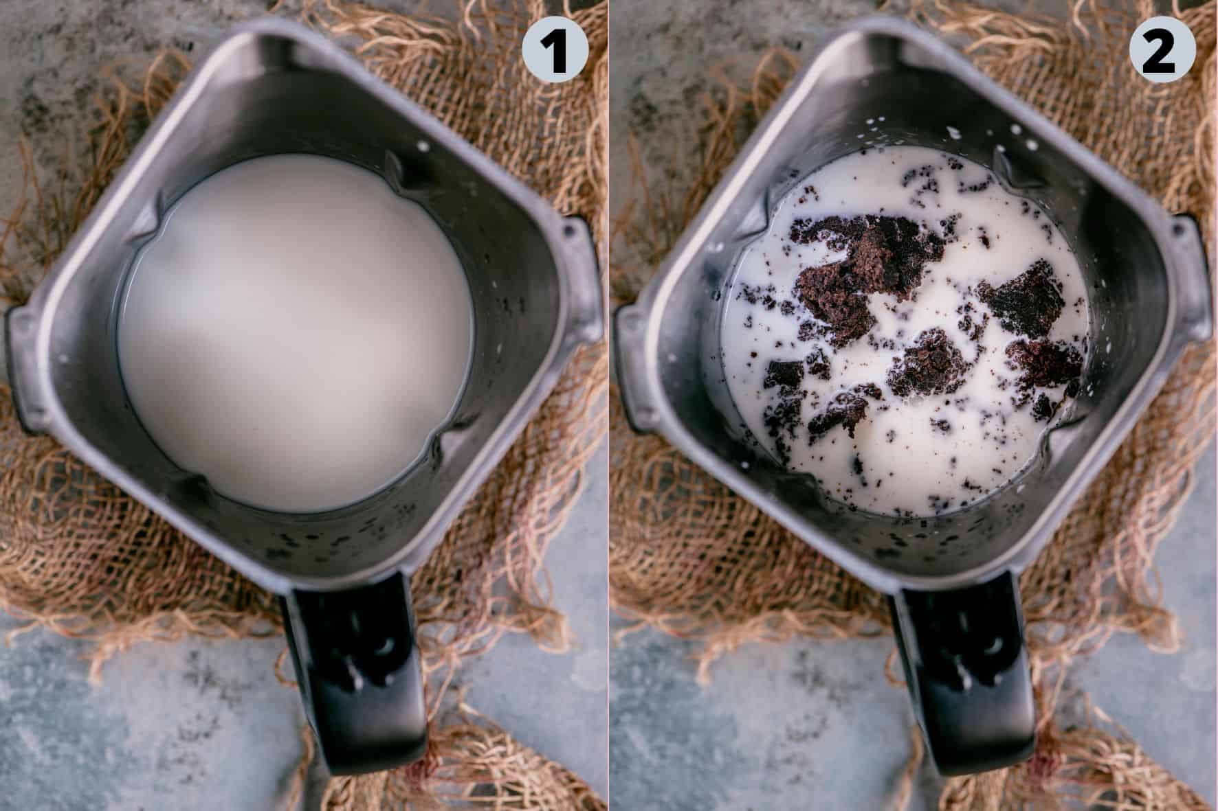 2 image collage showing how to make milkshake with leftover chocolate brownies.