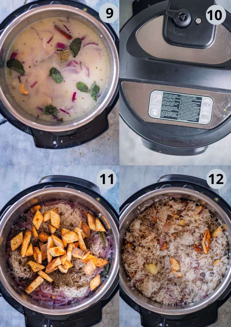 4 image collage showing how to make Paneer Pulao in the Instant Pot.