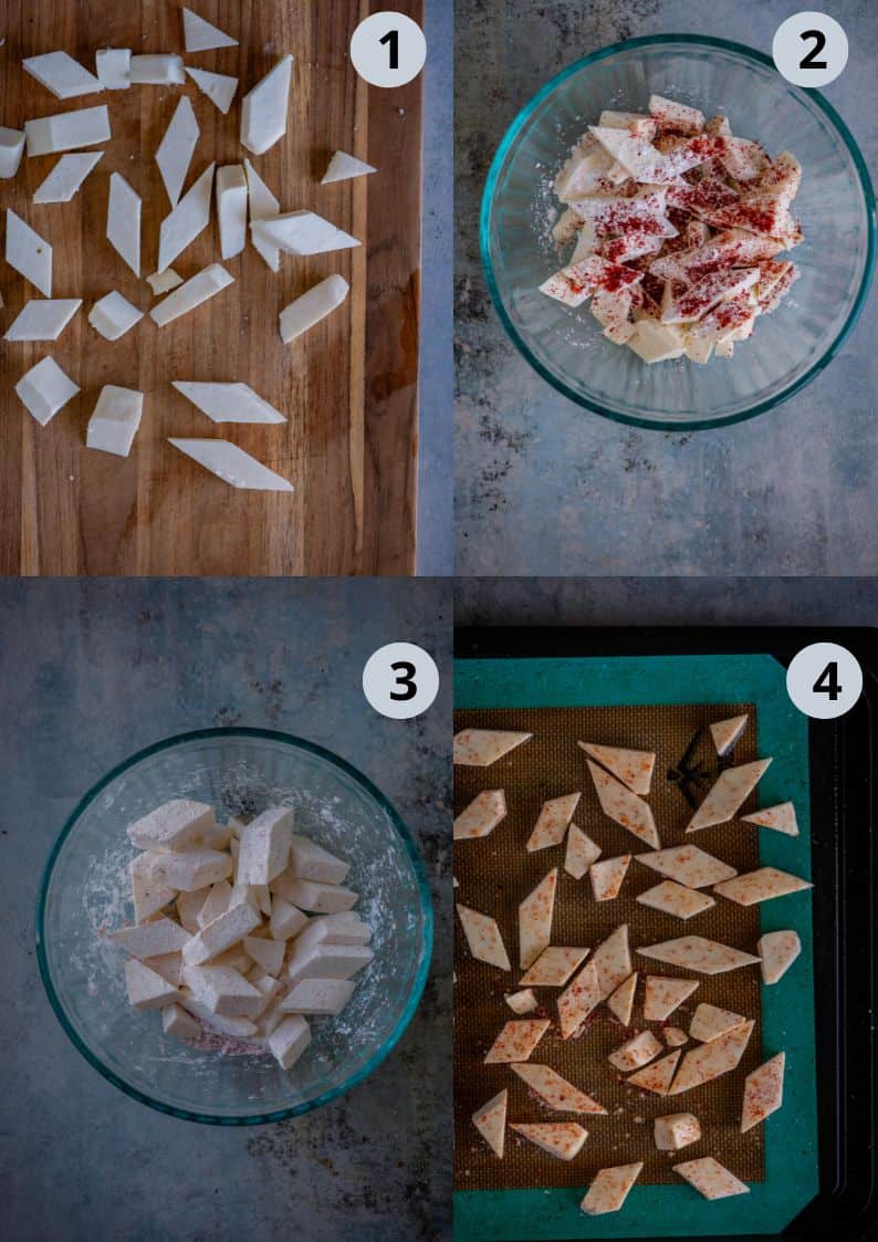 4 image collage showing how to prep the paneer to make pulao in the Instant Pot.