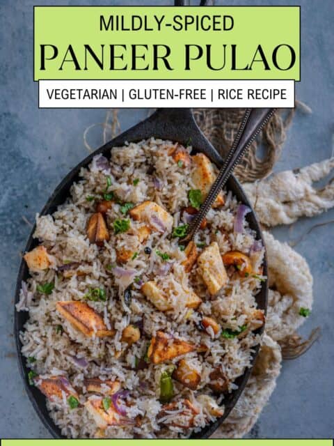 paneer rice served in an oval platter with a spoon in it and text at the top and bottom.