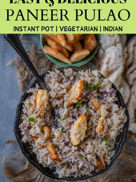 A bowl of fragrant Paneer Pulao showcasing fluffy basmati rice and golden paneer cubes, served in a bowl with a spoon in it and text at the top and bottom.