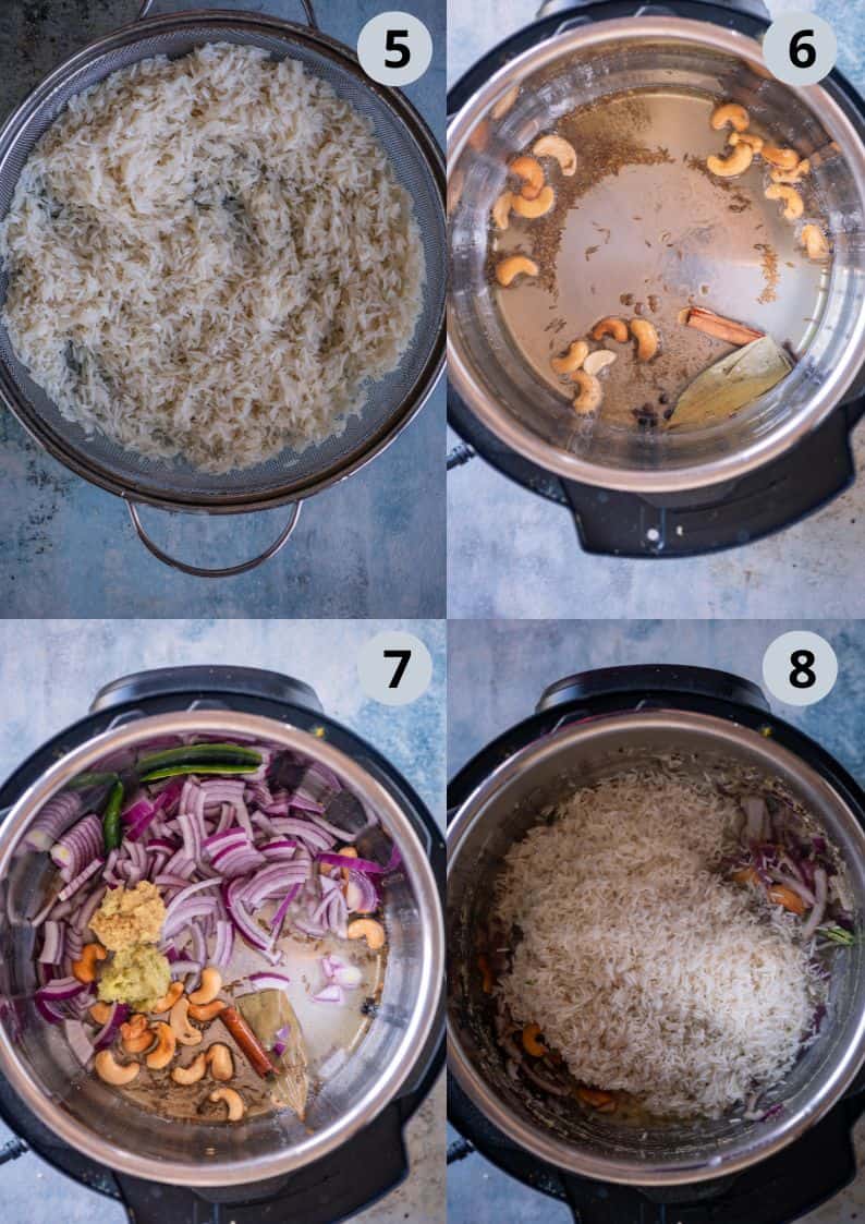 4 image collage showing the steps to make pulao with paneer in the Instant Pot.