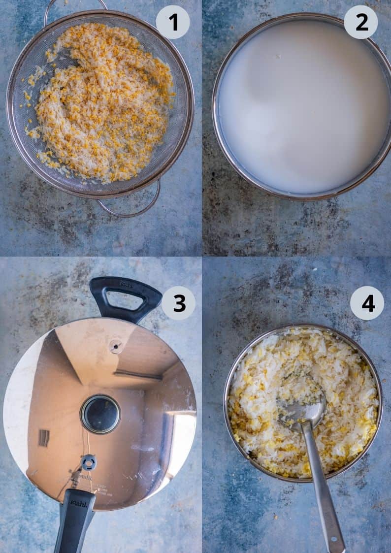 4 image collage showing how to cook the rice and lentils to make Sakkarai pongal.